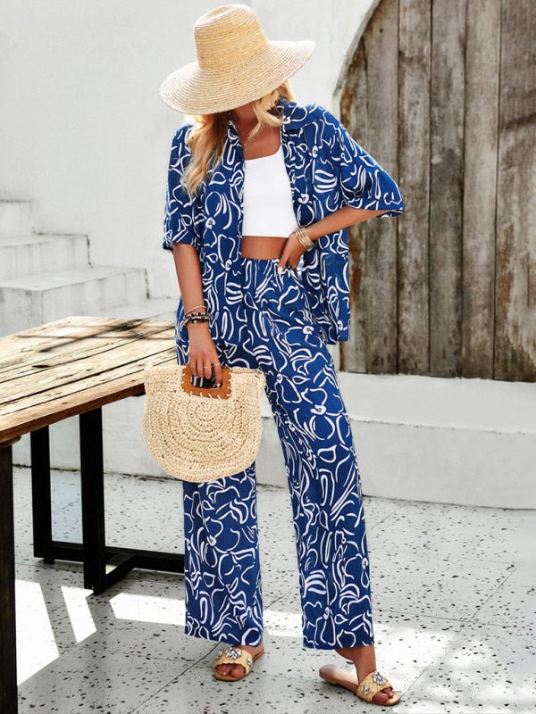 New women's casual fashion printed lapel short - sleeved shirt and trousers vacation suit - Pant Suit